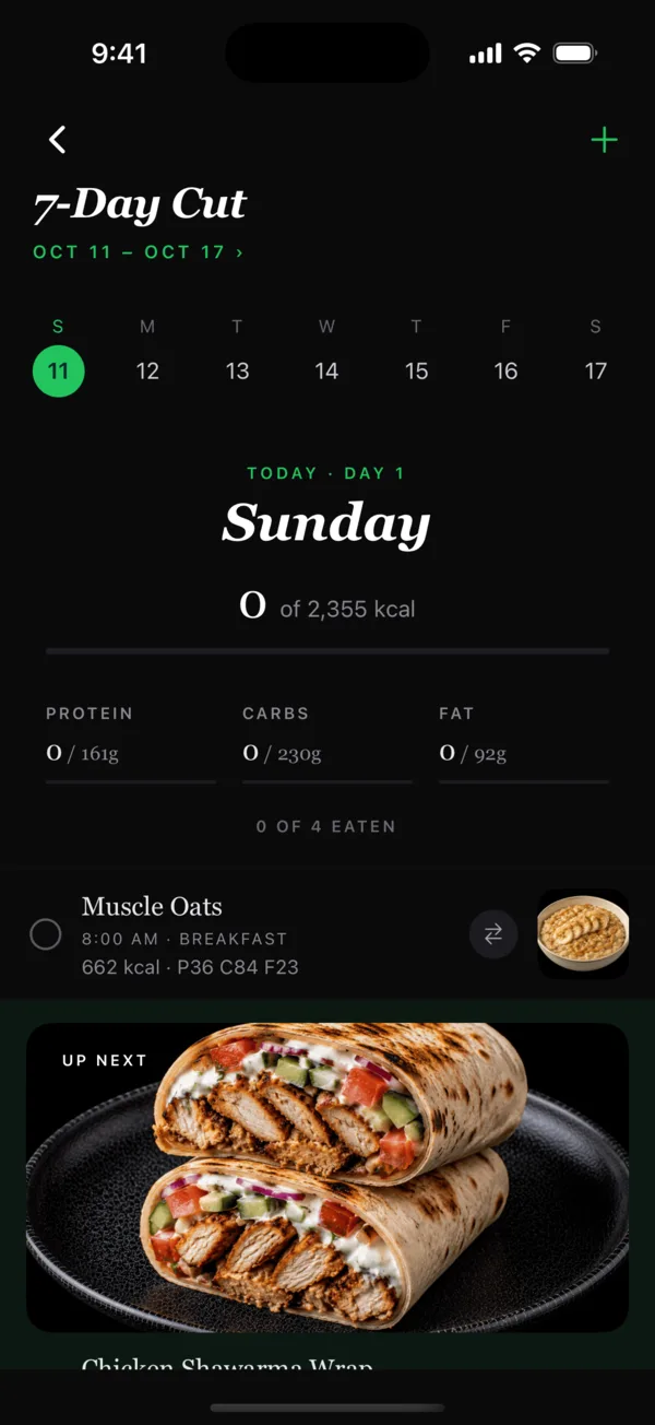 A day in a Coast meal plan with each meal's time, calories, protein and a swap button