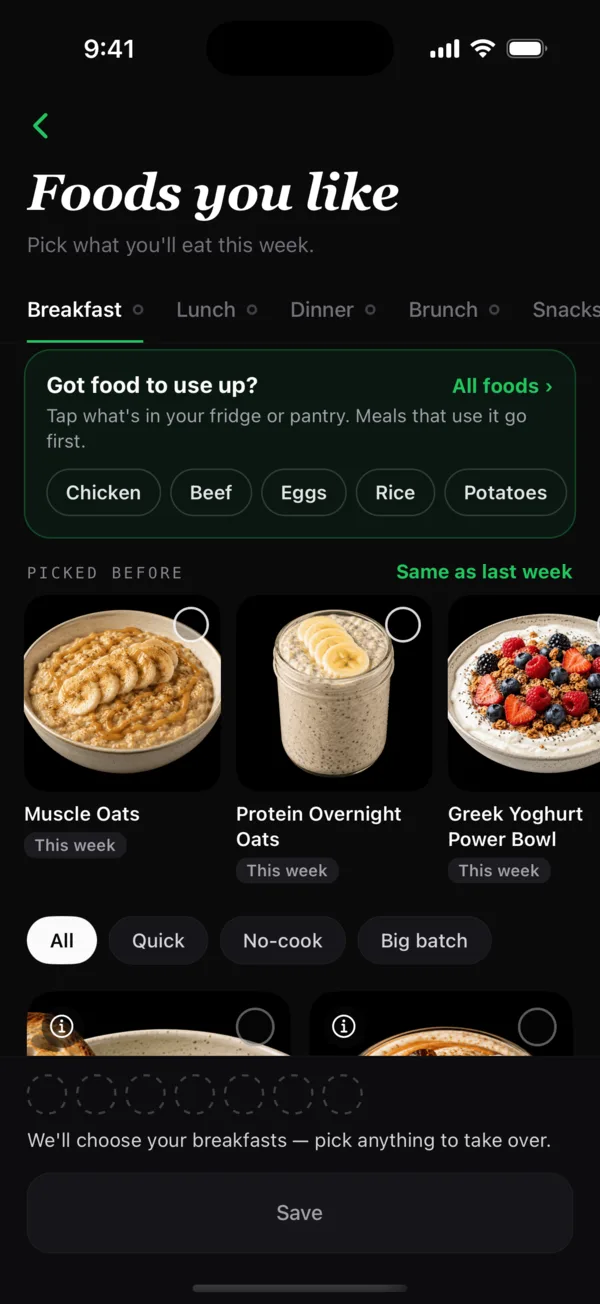 The Coast meal picker with Got food to use up? chips and a Picked before row