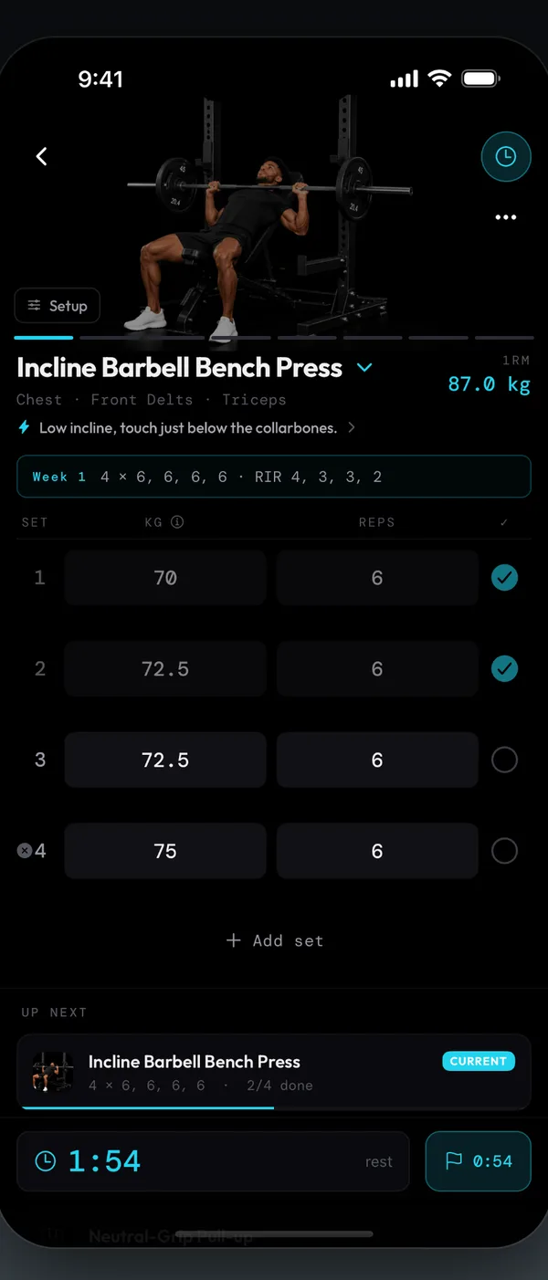 A Coast workout in progress: Incline Barbell Bench Press with the target reps and reps in reserve for each set, last weights and a rest timer